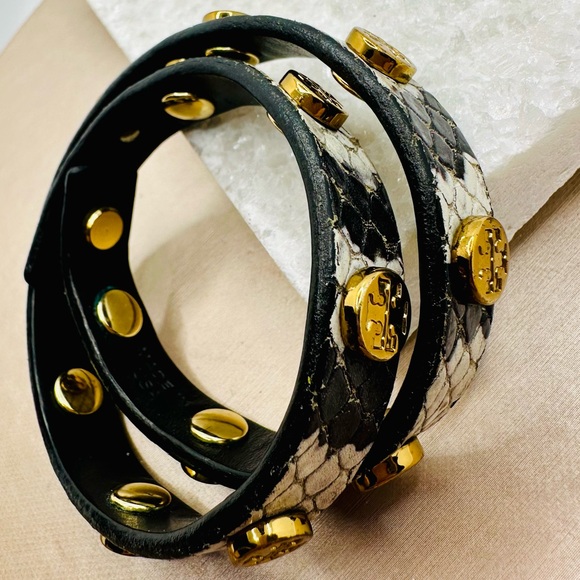 EUC Tory Burch Miller Stud Double Wrap Exotic Snakeskin Bracelet - Picture 10 of 15